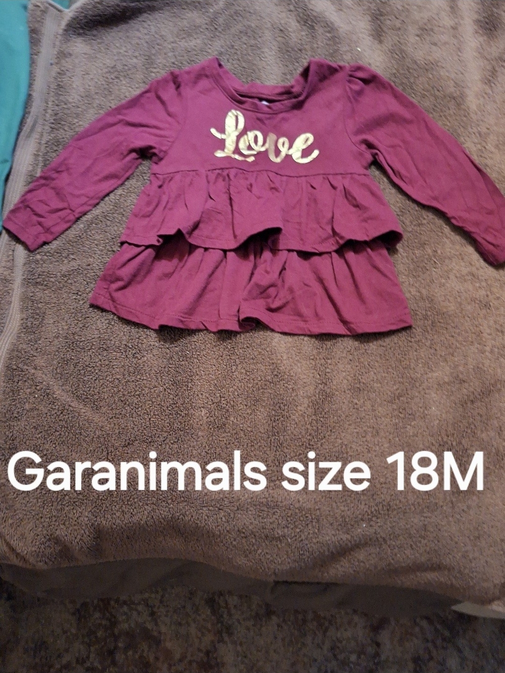 Garanimals Burgundy Long Sleeve Ruffle Top with Gold 'Love' Script